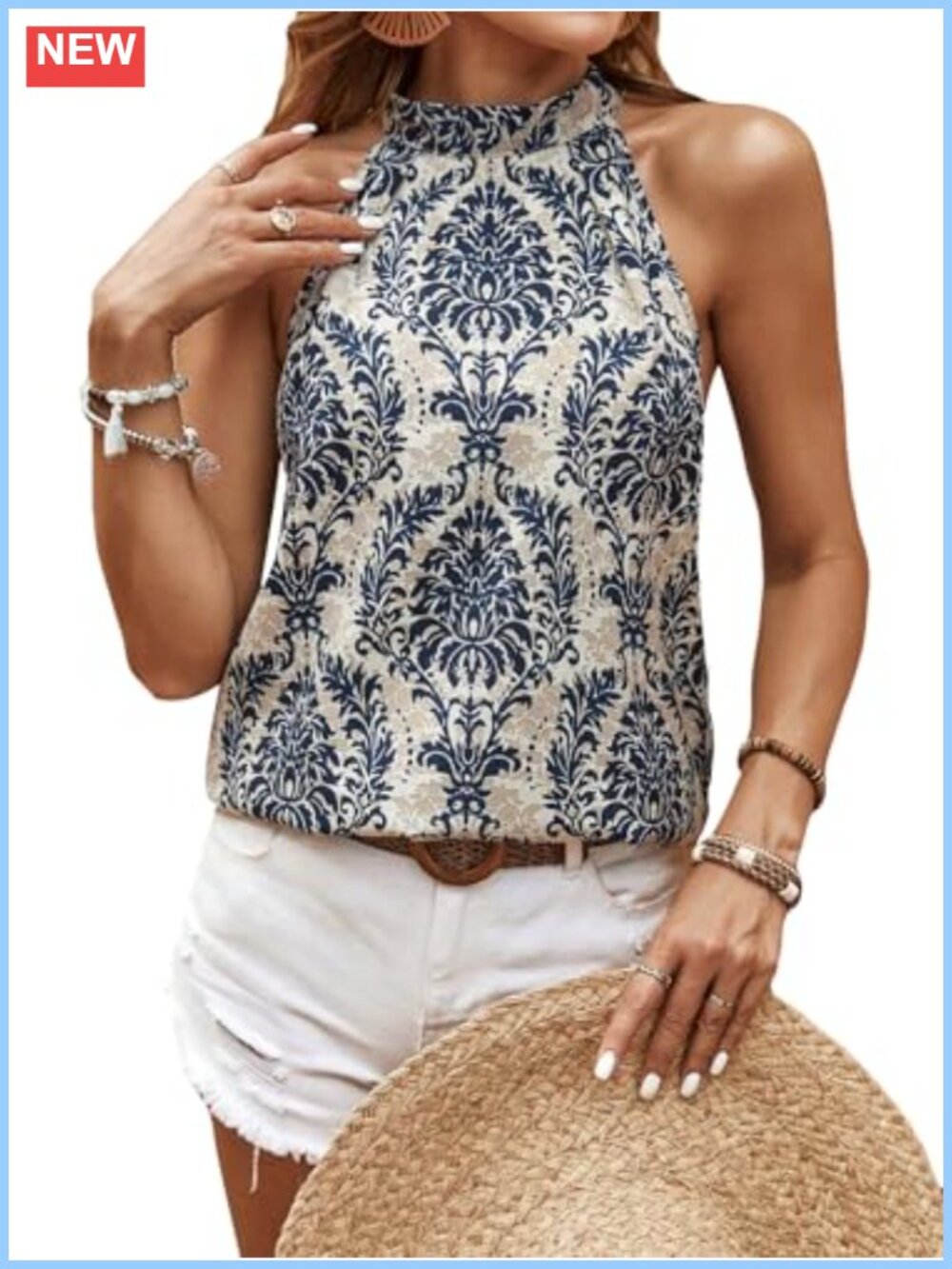 Boho Halter Top Sleeveless Tie Back Summer Blouse for Women
